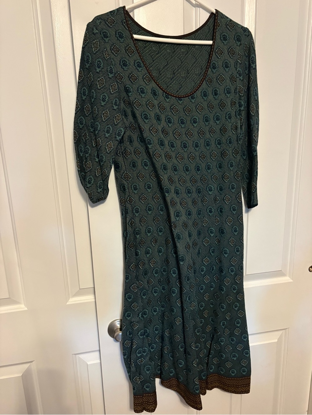 Peruvian Connection Teal Patterned Scoop-Neck Midi Dress